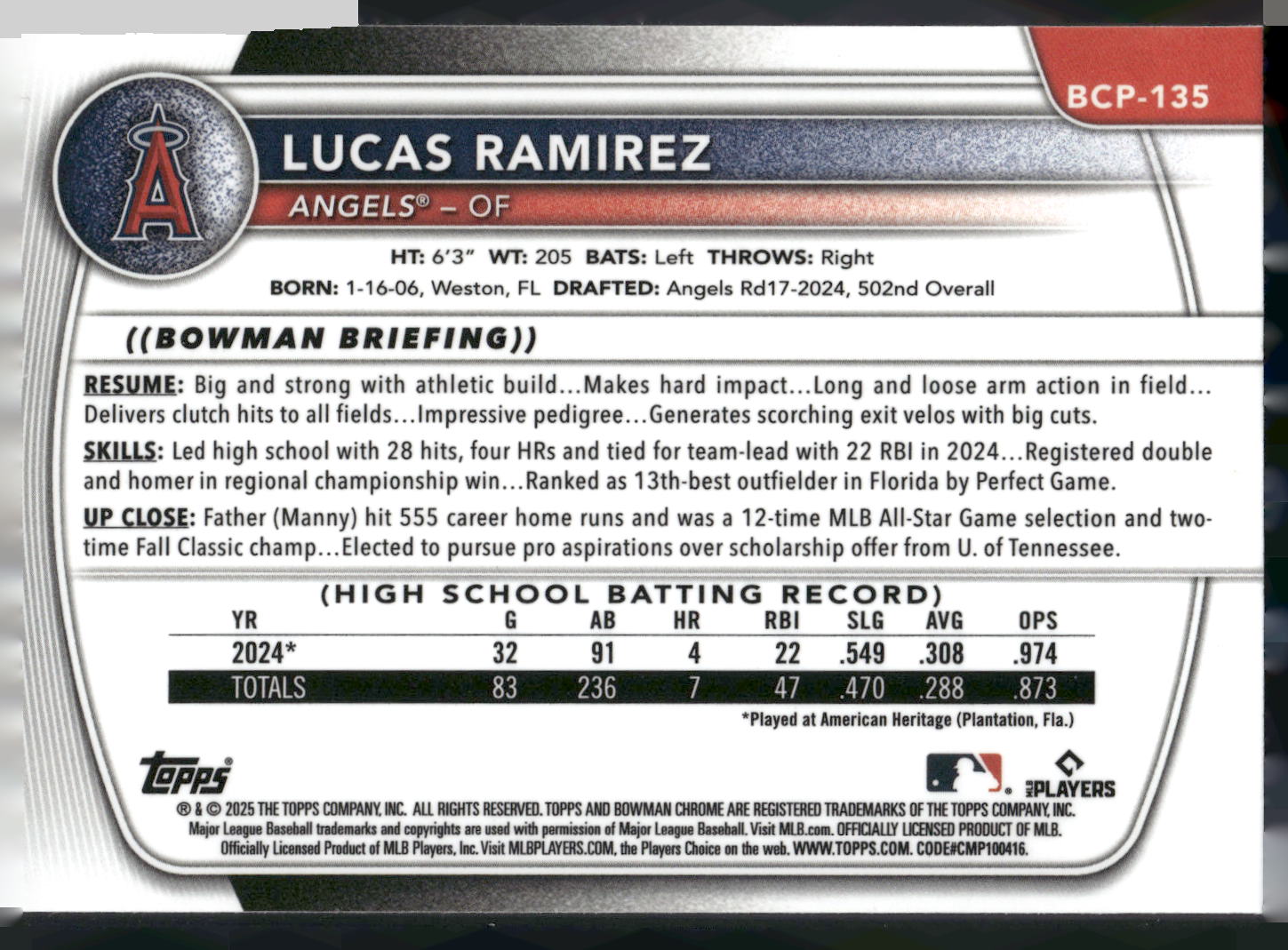 2025 Bowman #BCP-135 Lucas Ramirez Chrome Prospects