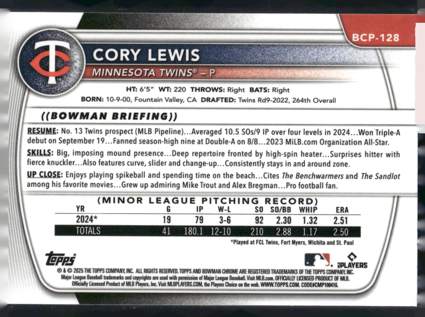 2025 Bowman #BP-128 Cory Lewis Prospects