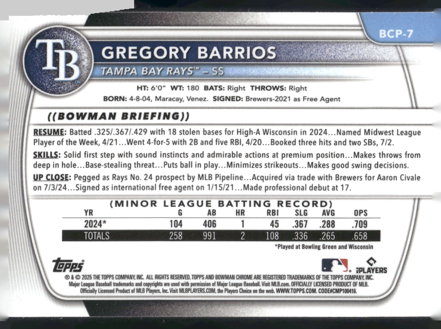 2025 Bowman #BCP-7 Gregory Barrios Chrome Prospects