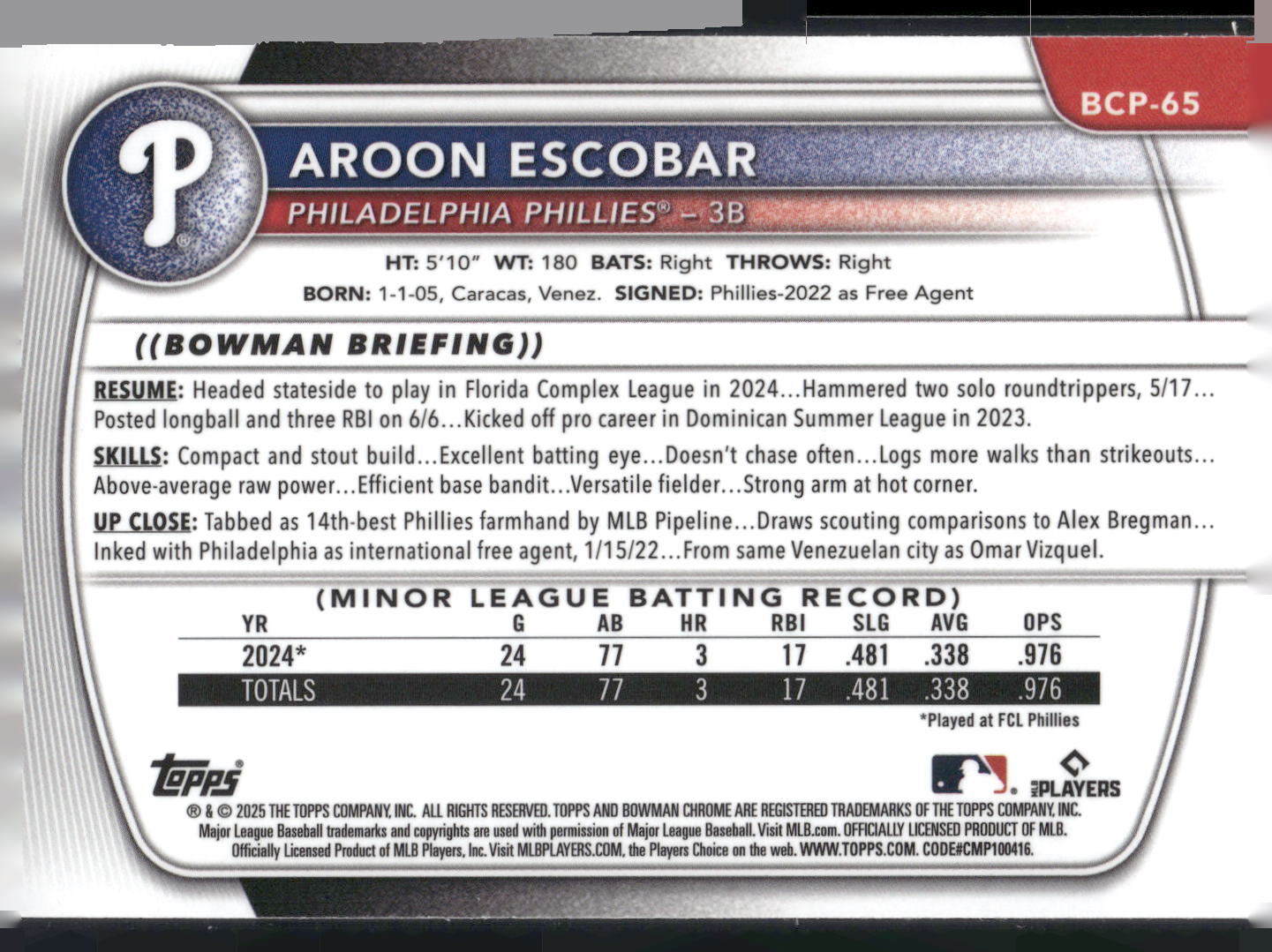2025 Bowman #BCP-65 Aroon Escobar Chrome Prospects
