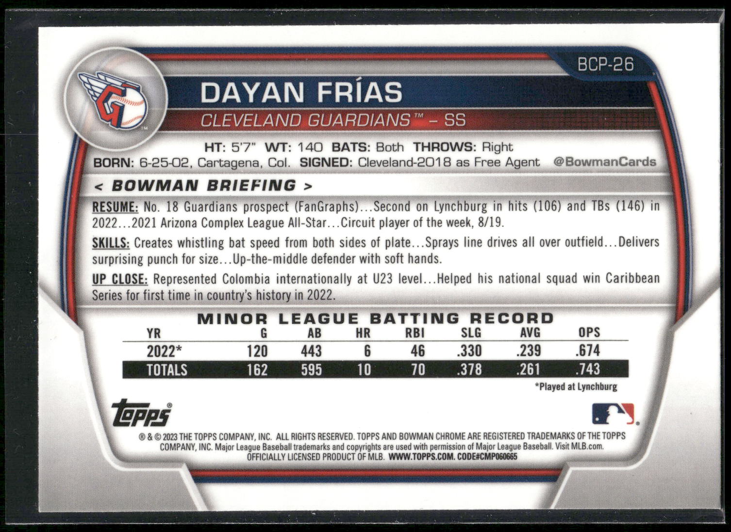 2023 Bowman #BCP-26 Dayan Frias Chrome Prospects