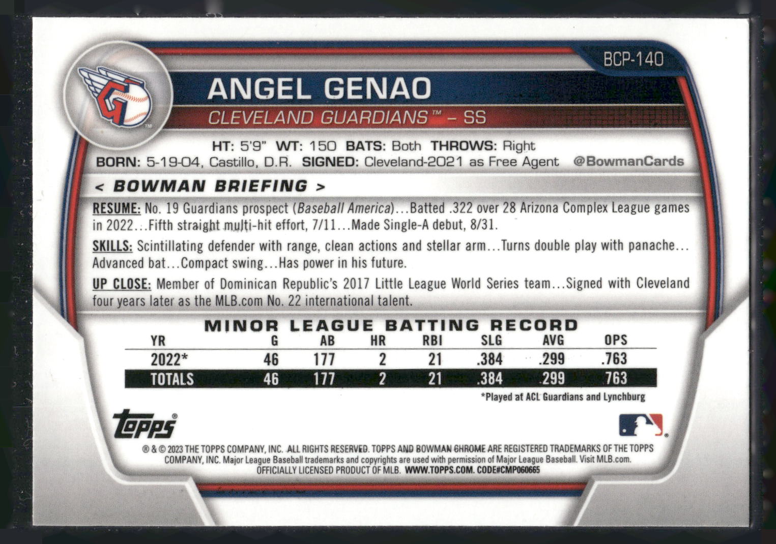 2023 Bowman #BCP-140 Angel Genao Chrome Prospects