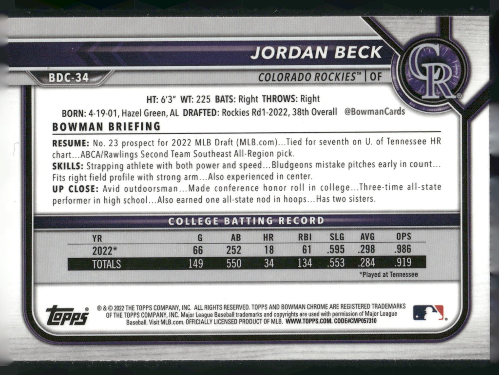 2022 Bowman Draft #BDC-34 Jordan Beck Chrome