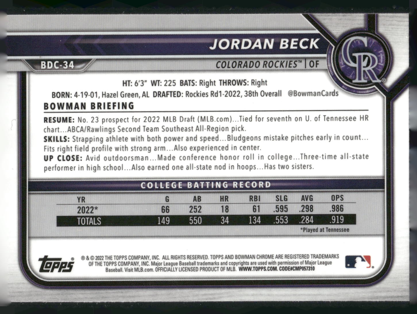 2022 Bowman Draft #BDC-34 Jordan Beck Chrome