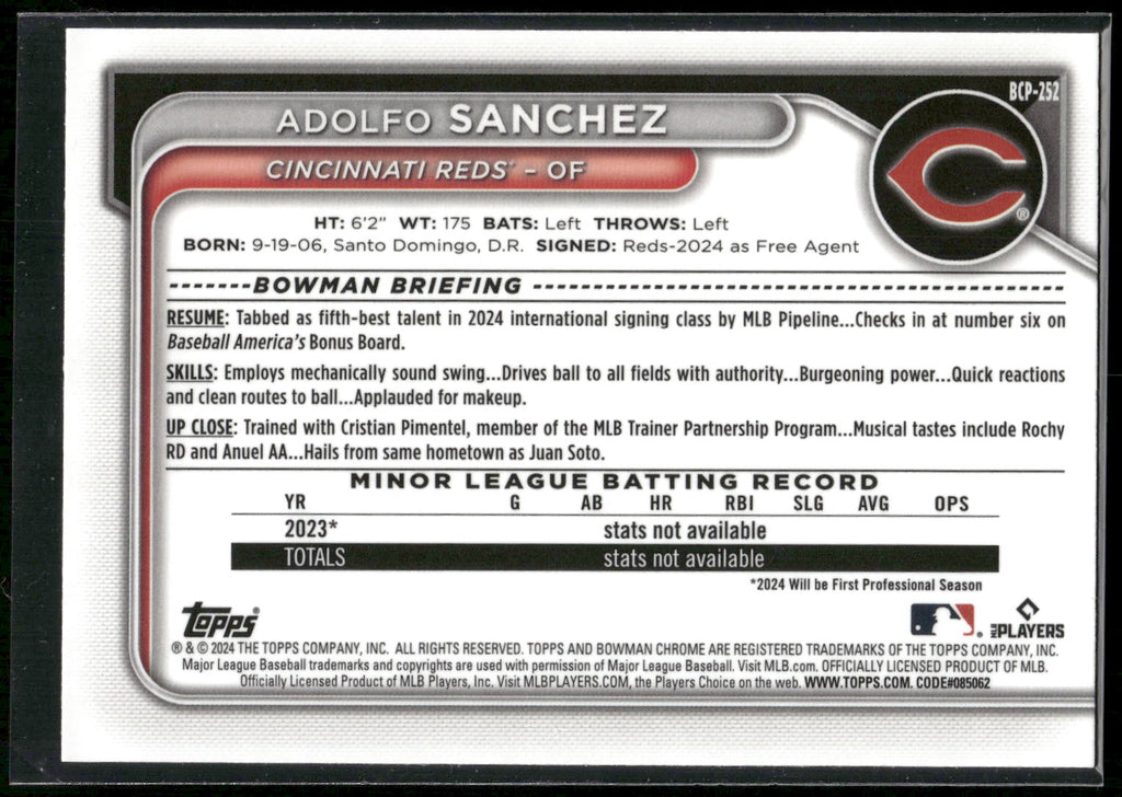 2024 Bowman Chrome #BCP-252 Adolfo Sanchez Prospects