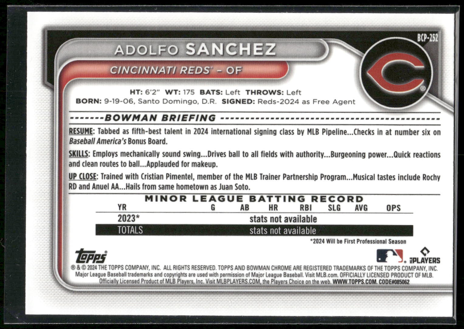 2024 Bowman Chrome #BCP-252 Adolfo Sanchez Prospects