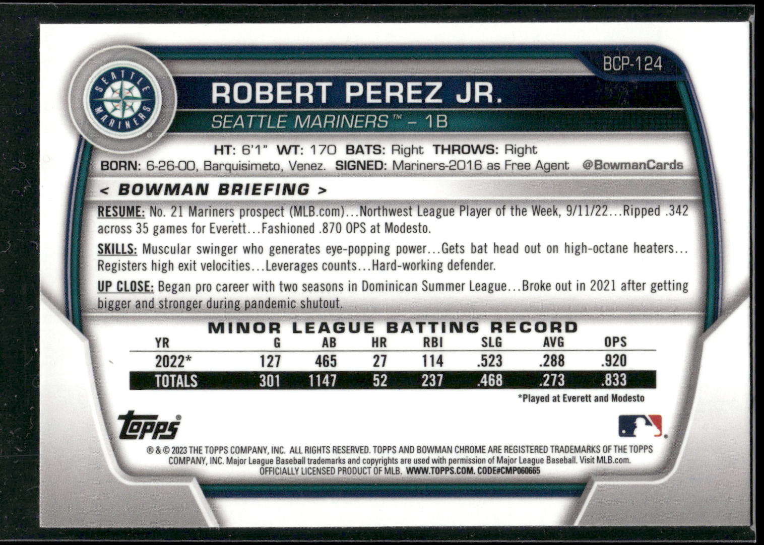 2023 Bowman #BCP-124 Robert Perez Jr. Chrome Prospects