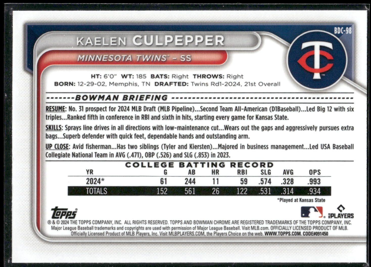 2024 Bowman Draft #BDC-98 Kaelen Culpepper Chrome