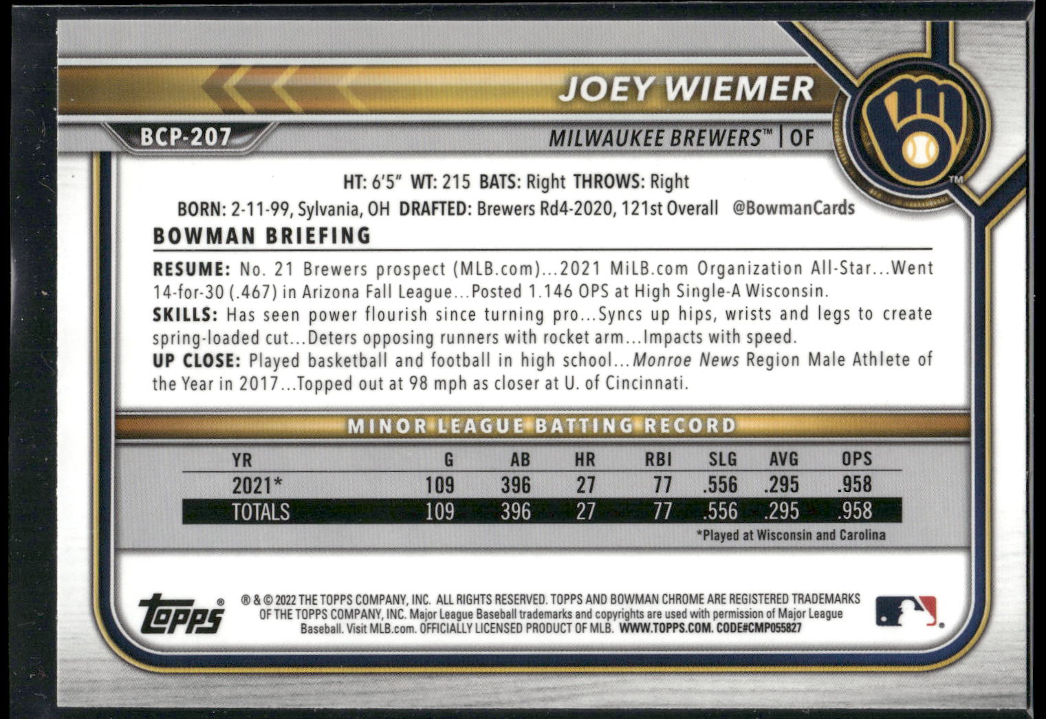 2022 Bowman Chrome #BCP-207 Joey Wiemer Prospects