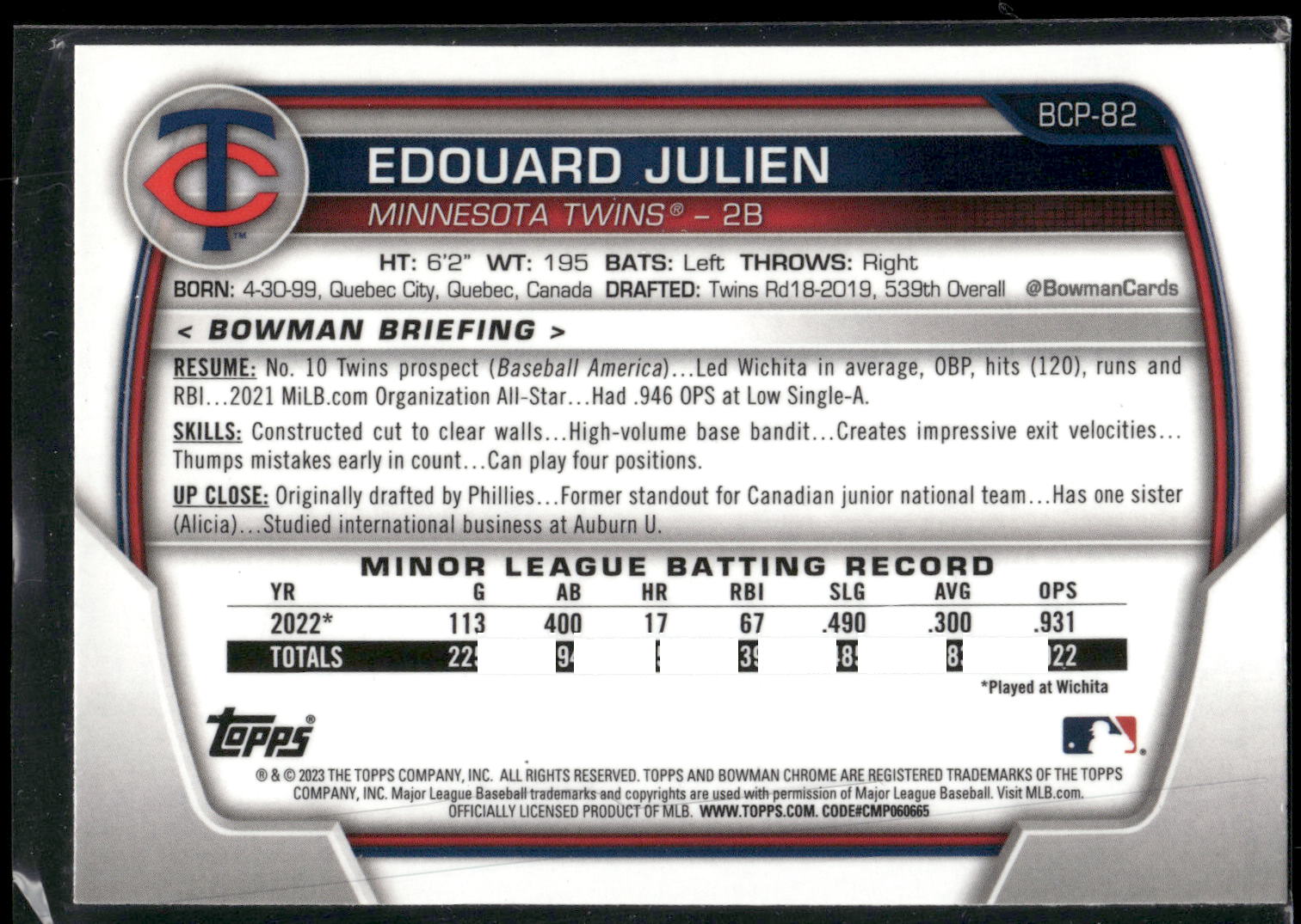 2023 Bowman #BCP-82 Edouard Julien Chrome Prospects