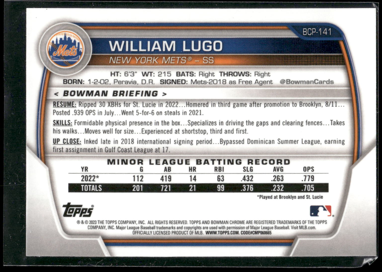 2023 Bowman #BCP-141 William Lugo Chrome Prospects