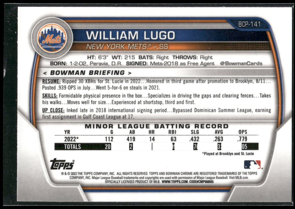 2023 Bowman #BCP-141 William Lugo Chrome Prospects