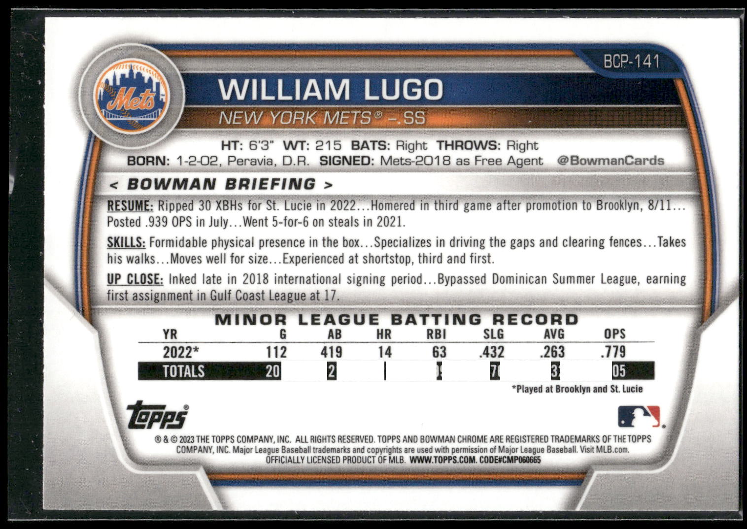 2023 Bowman #BCP-141 William Lugo Chrome Prospects