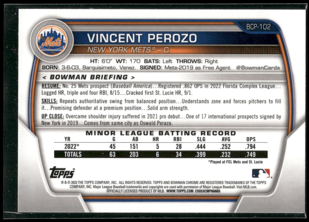 2023 Bowman #BCP-102 Vincent Perozo Chrome Prospects