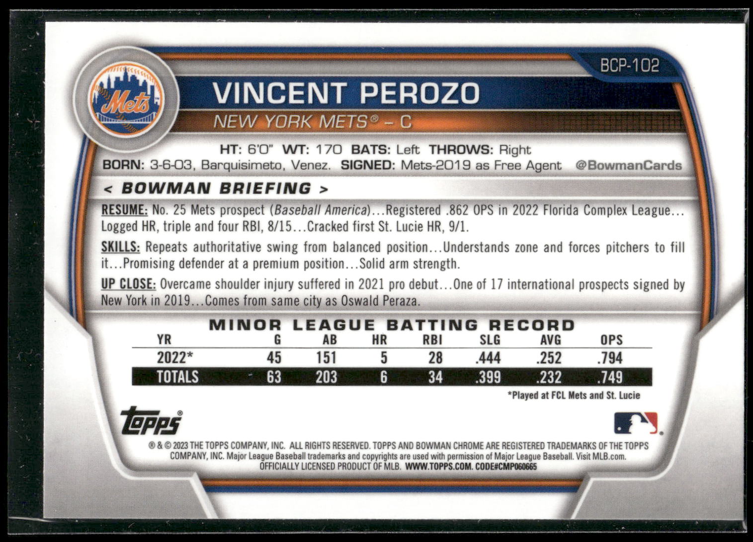 2023 Bowman #BCP-102 Vincent Perozo Chrome Prospects