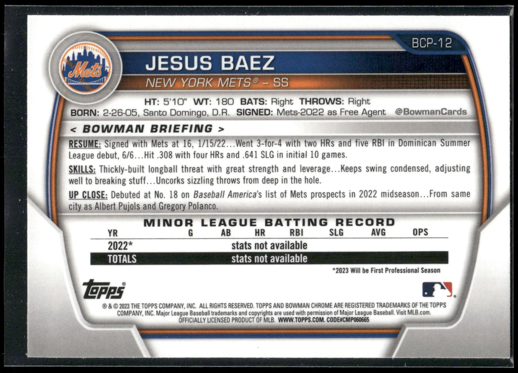 2023 Bowman #BCP-12 Jesus Baez Chrome Prospects
