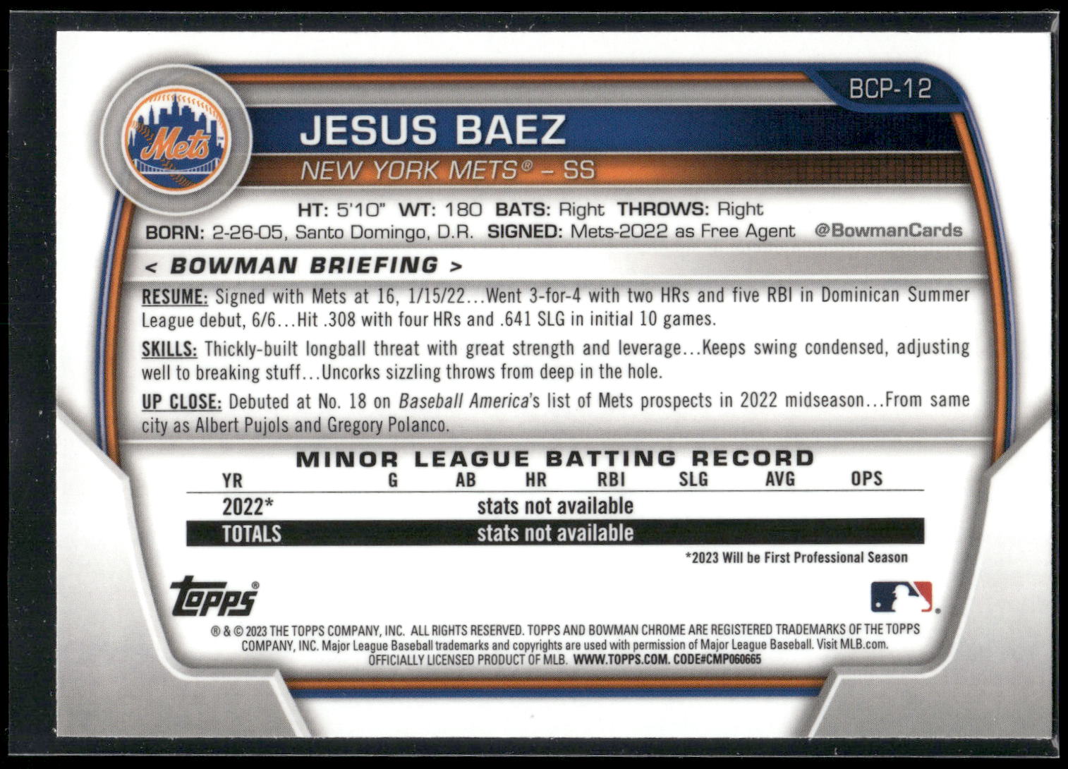 2023 Bowman #BCP-12 Jesus Baez Chrome Prospects
