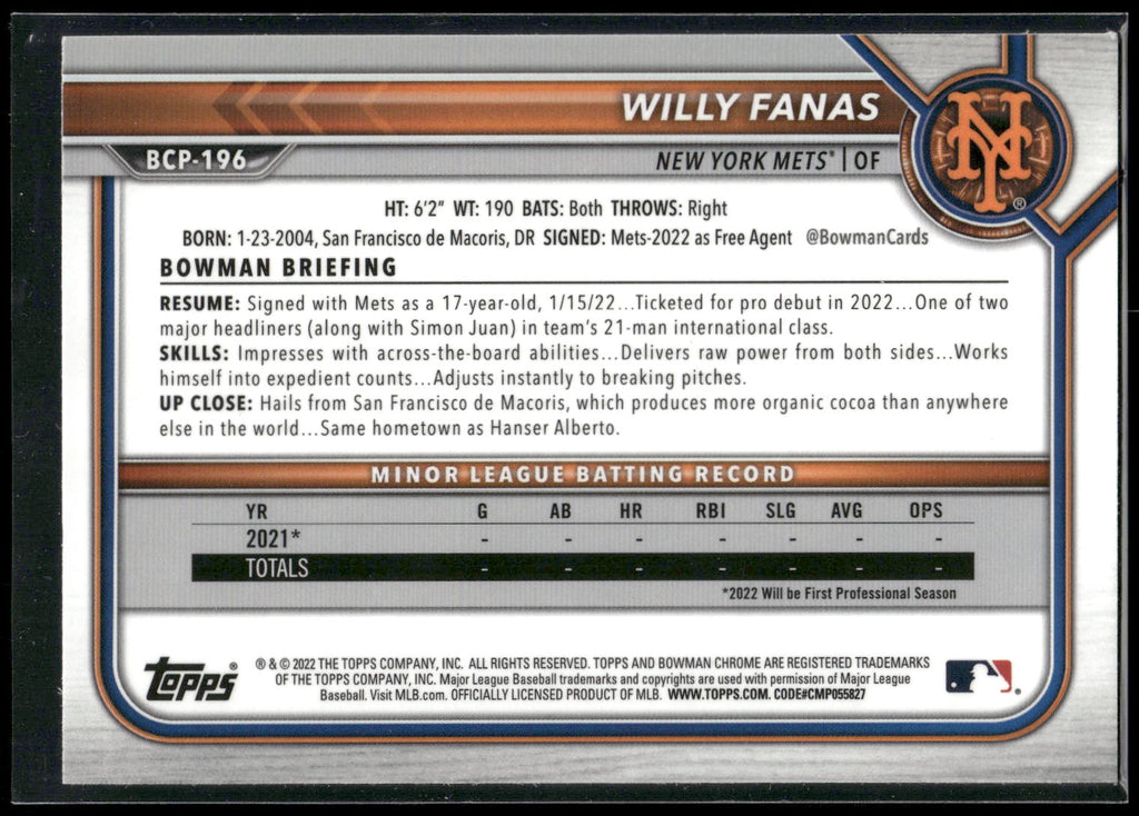 2022 Bowman Chrome #BCP-196 Willy Fanas Prospects
