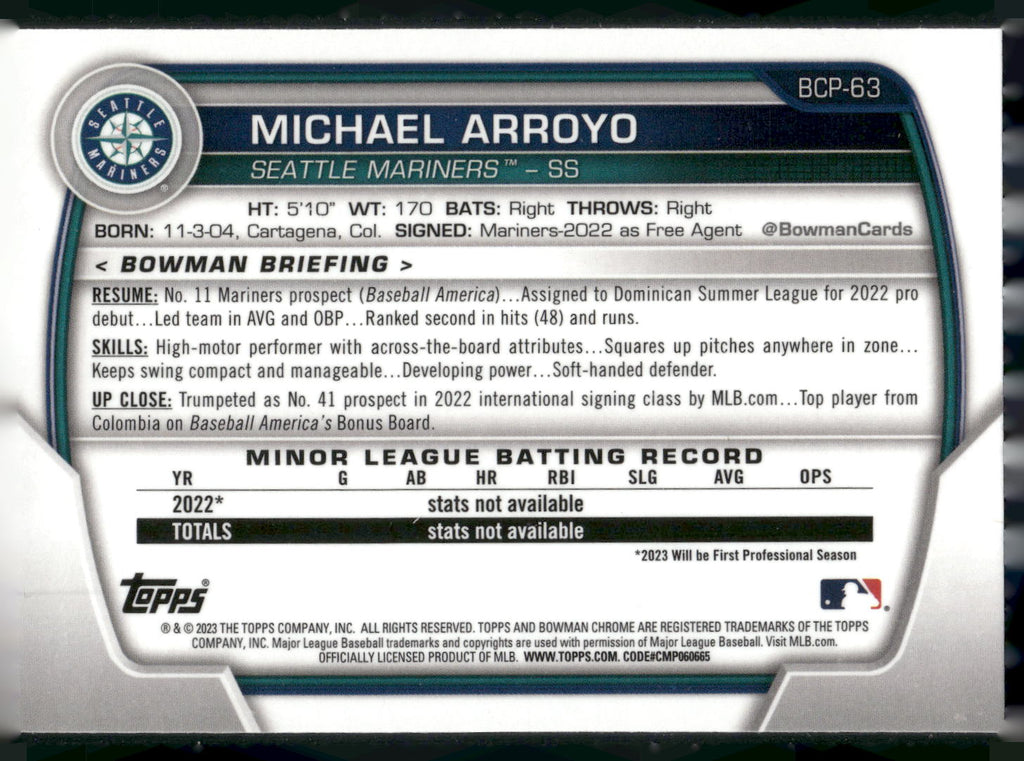2023 Bowman #BCP-63 Michael Arroyo Chrome Prospects