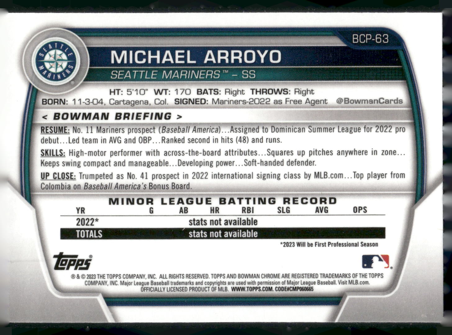 2023 Bowman #BCP-63 Michael Arroyo Chrome Prospects