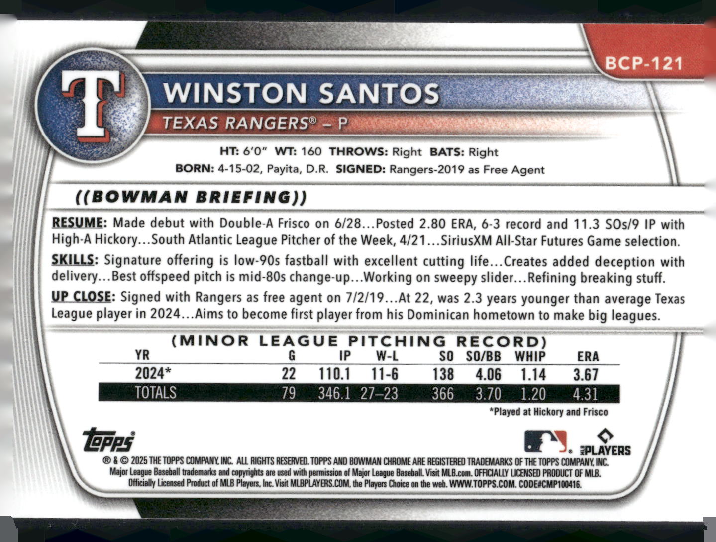 2025 Bowman #BCP-121 Winston Santos Chrome Prospects