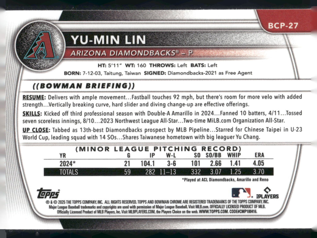 2025 Bowman #BCP-27 Yu-Min Lin Chrome Prospects