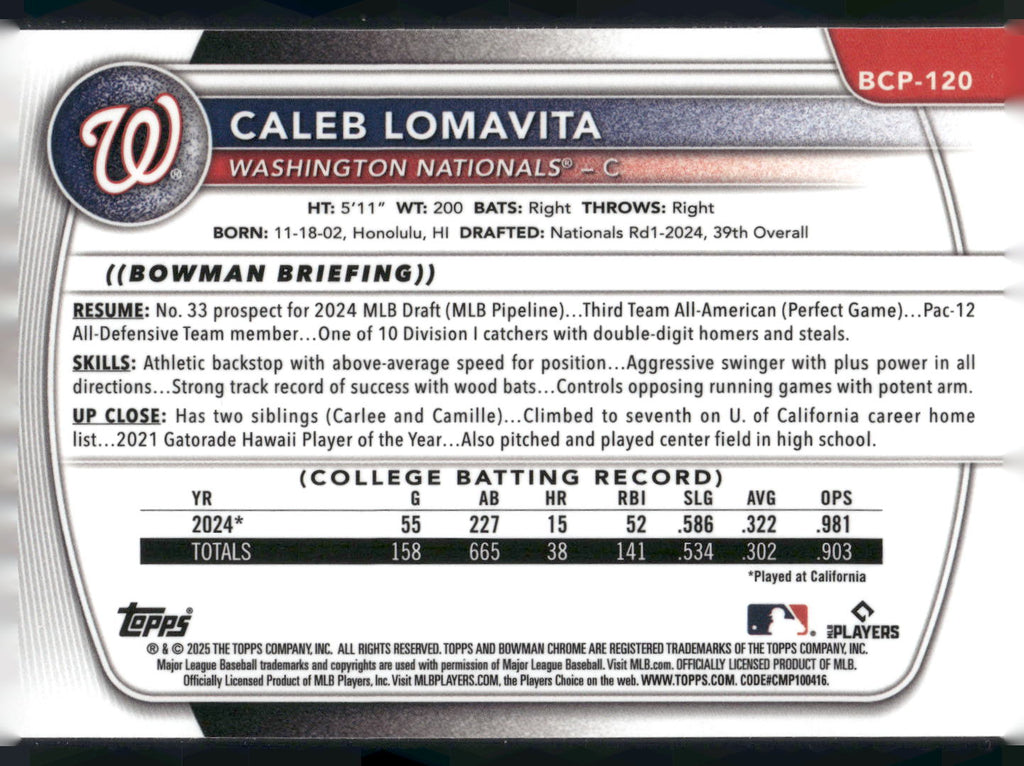 2025 Bowman #BCP-120 Caleb Lomavita Chrome Prospects