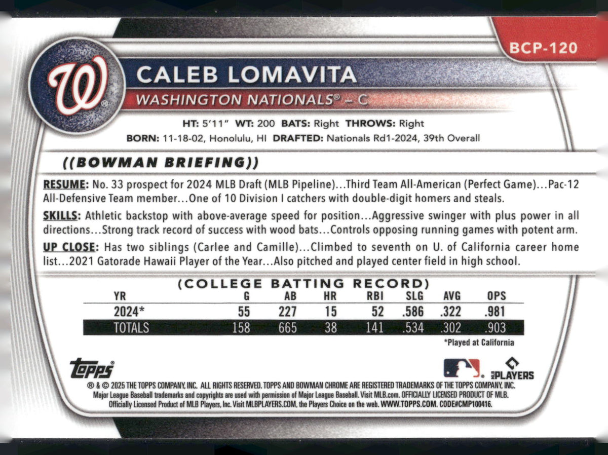 2025 Bowman #BCP-120 Caleb Lomavita Chrome Prospects