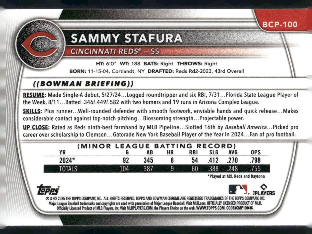 2025 Bowman #BCP-100 Sammy Stafura Chrome Prospects
