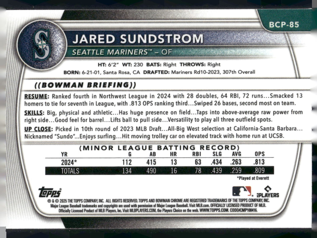 2025 Bowman #BCP-85 Jared Sundstrom Chrome Prospects