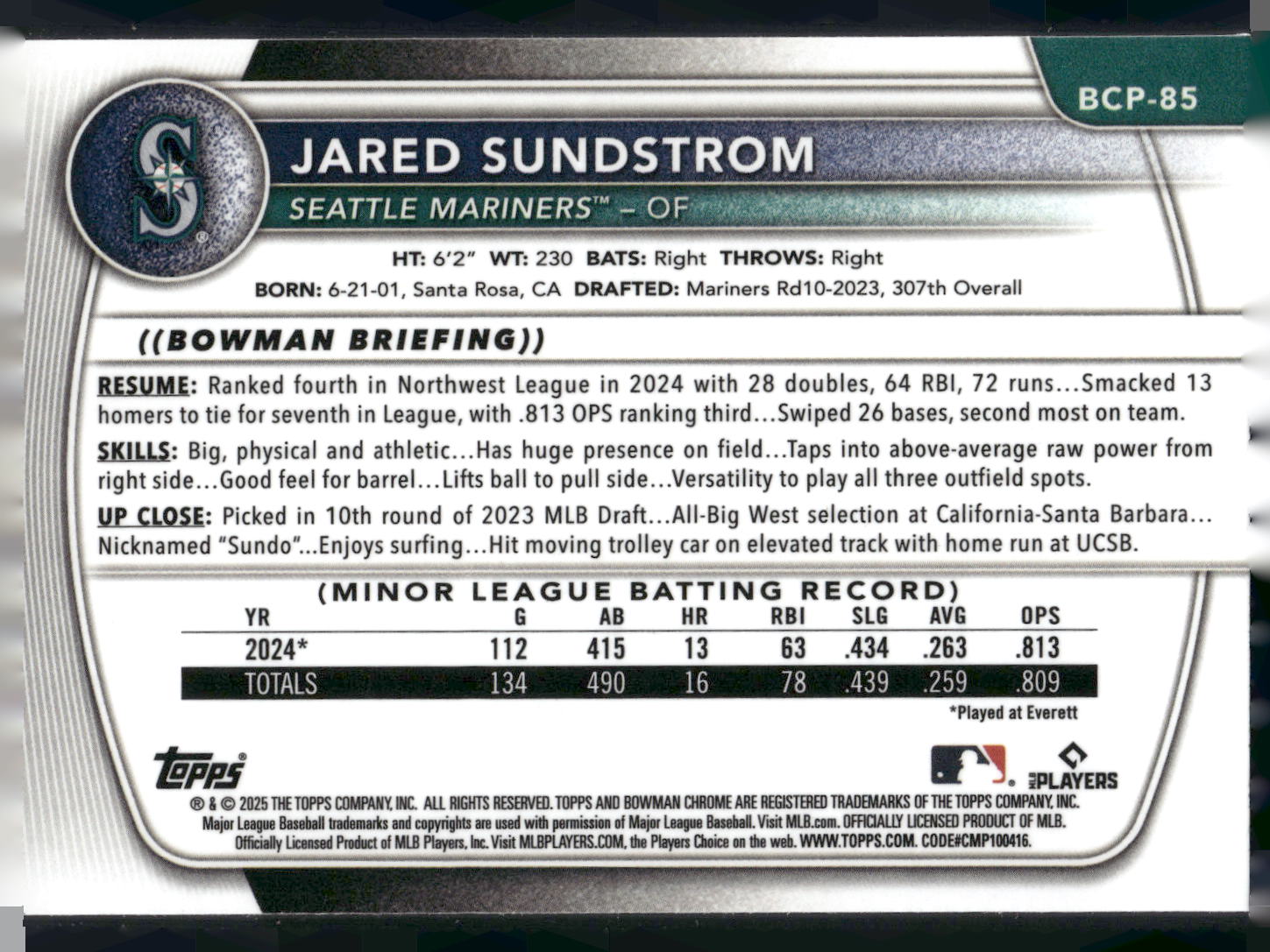 2025 Bowman #BCP-85 Jared Sundstrom Chrome Prospects