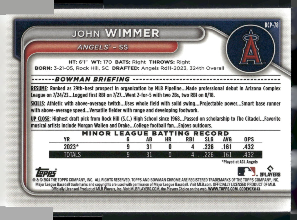 2024 Bowman #BCP-78 John Wimmer Chrome Prospects