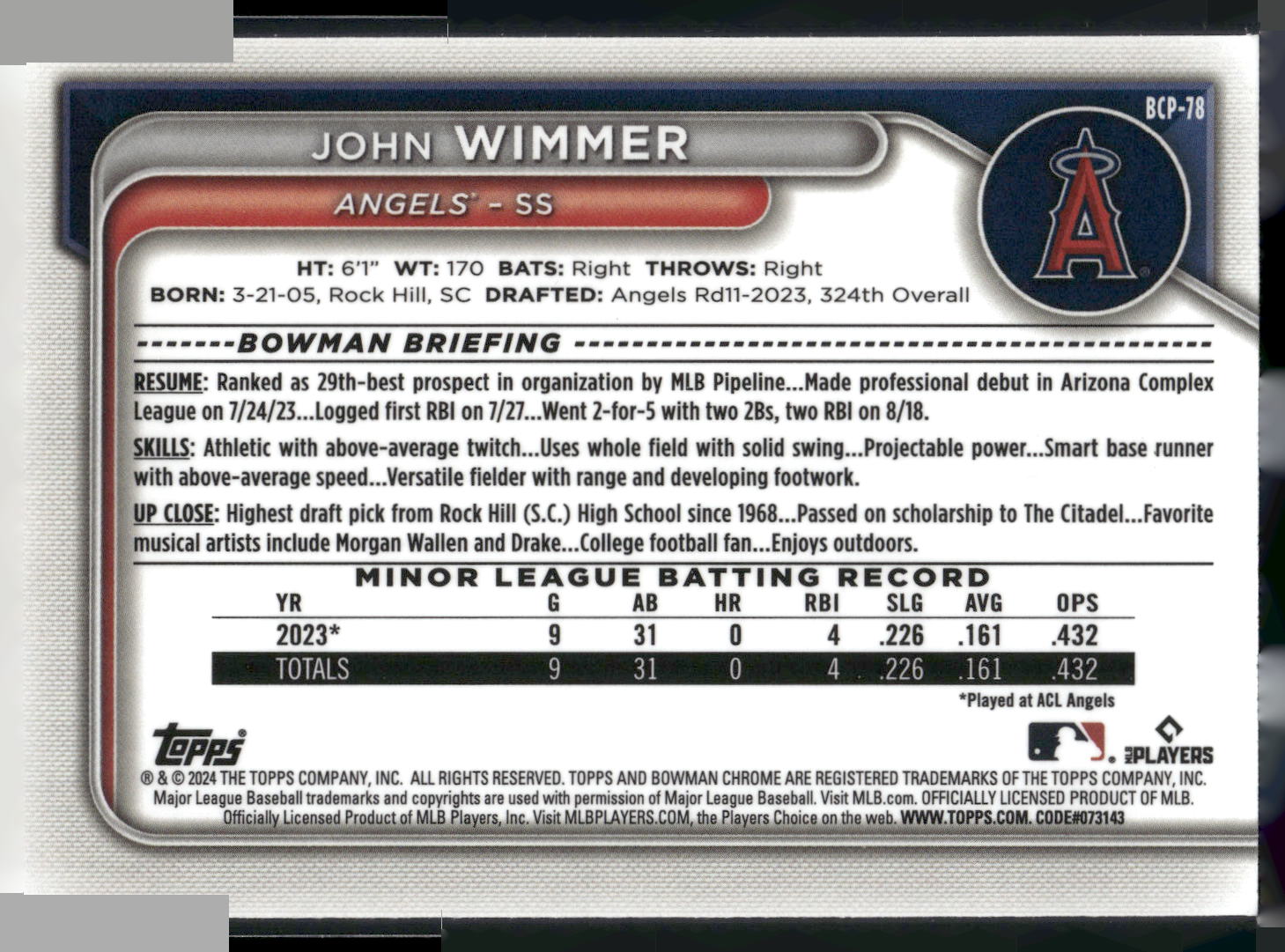 2024 Bowman #BCP-78 John Wimmer Chrome Prospects