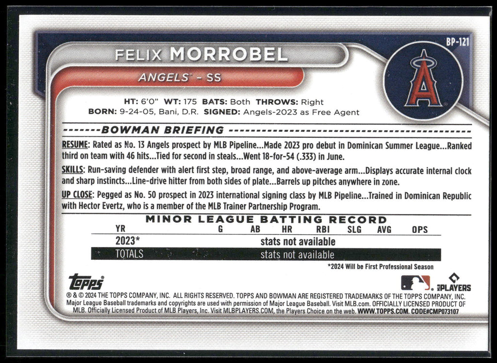 2024 Bowman #BP-121 Felix Morrobel Prospects