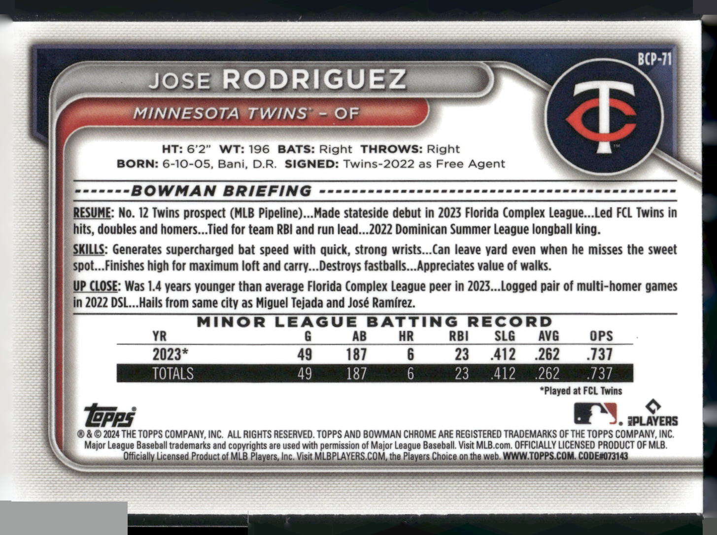 2024 Bowman #BCP-71 Jose Rodriguez Chrome Prospects