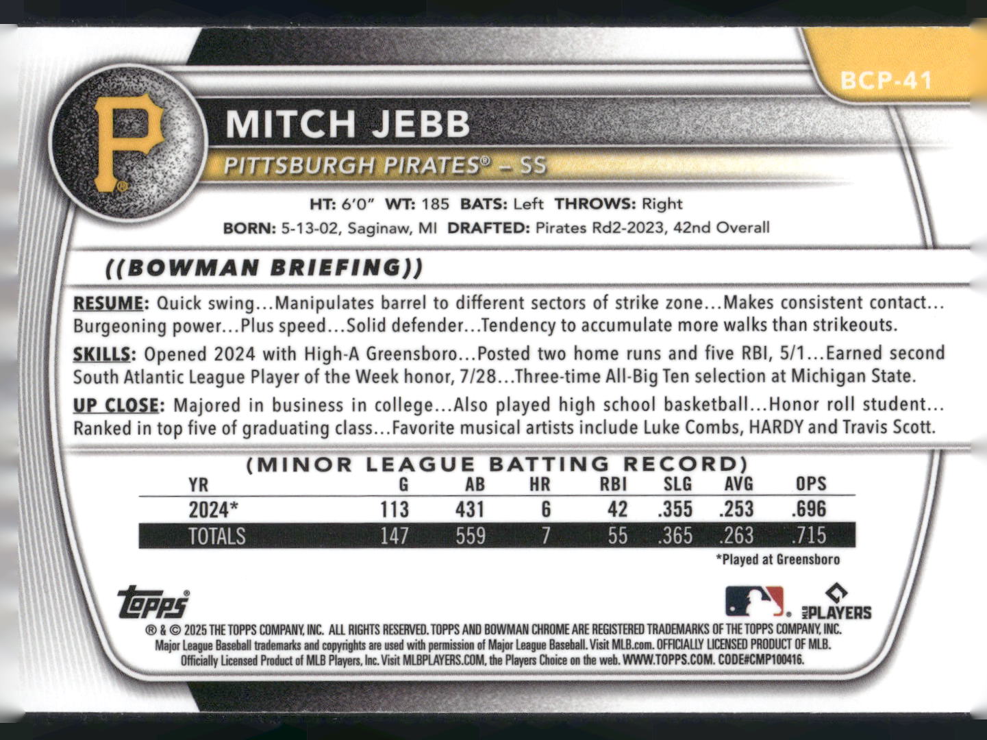 2025 Bowman #BCP-41 Mitch Jebb Chrome Prospects