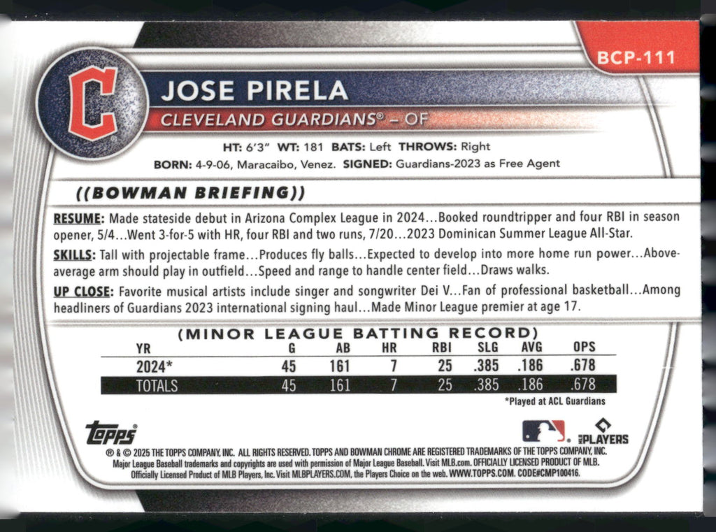 2025 Bowman #BCP-111 Jose Pirela Chrome Prospects