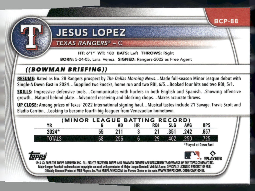 2025 Bowman #BCP-88 Jesus Lopez Chrome Prospects