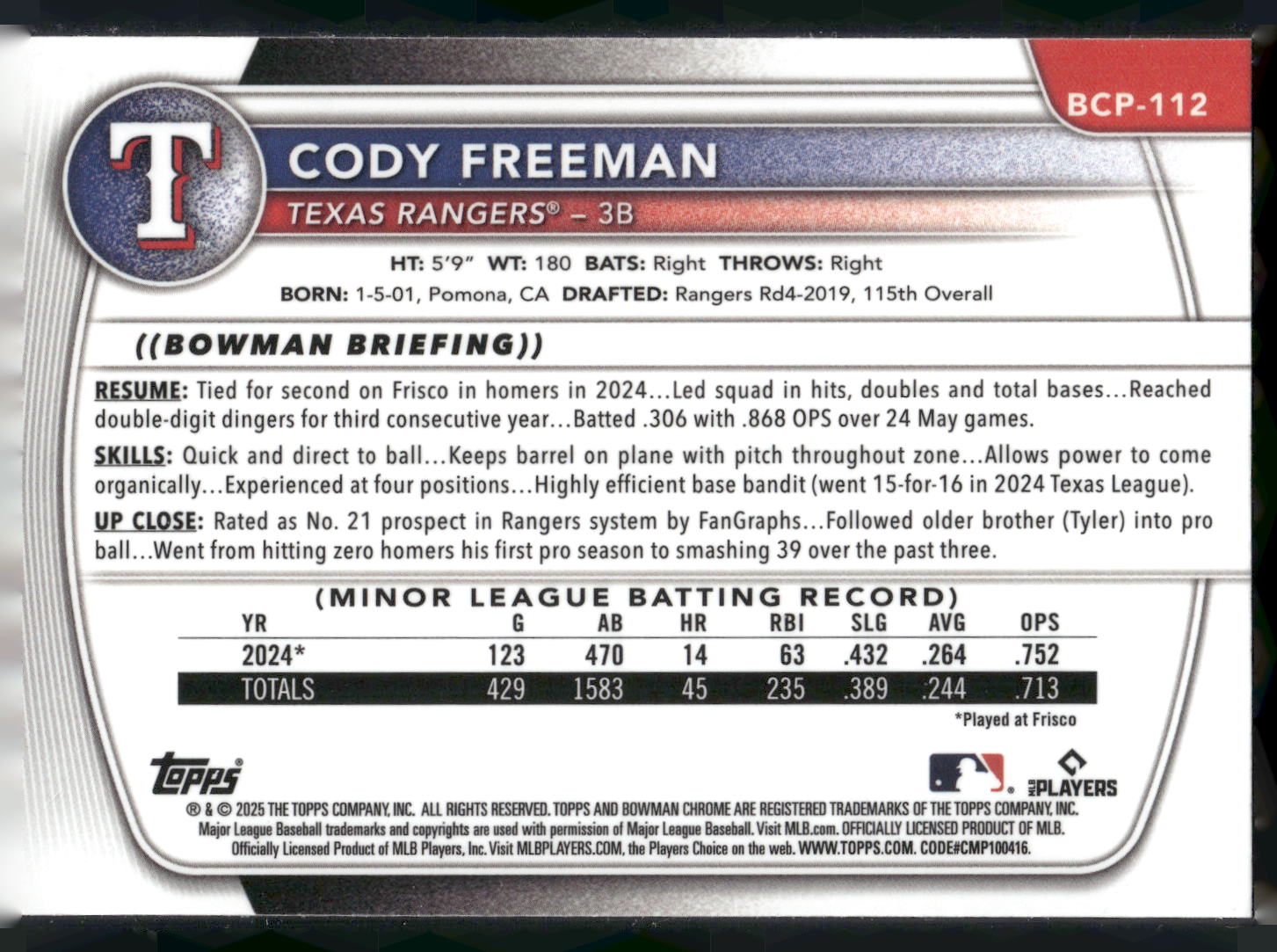 2025 Bowman #BCP-112 Cody Freeman Chrome Prospects