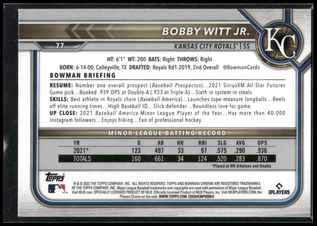 2022 Bowman Chrome #77 Bobby Witt Jr.