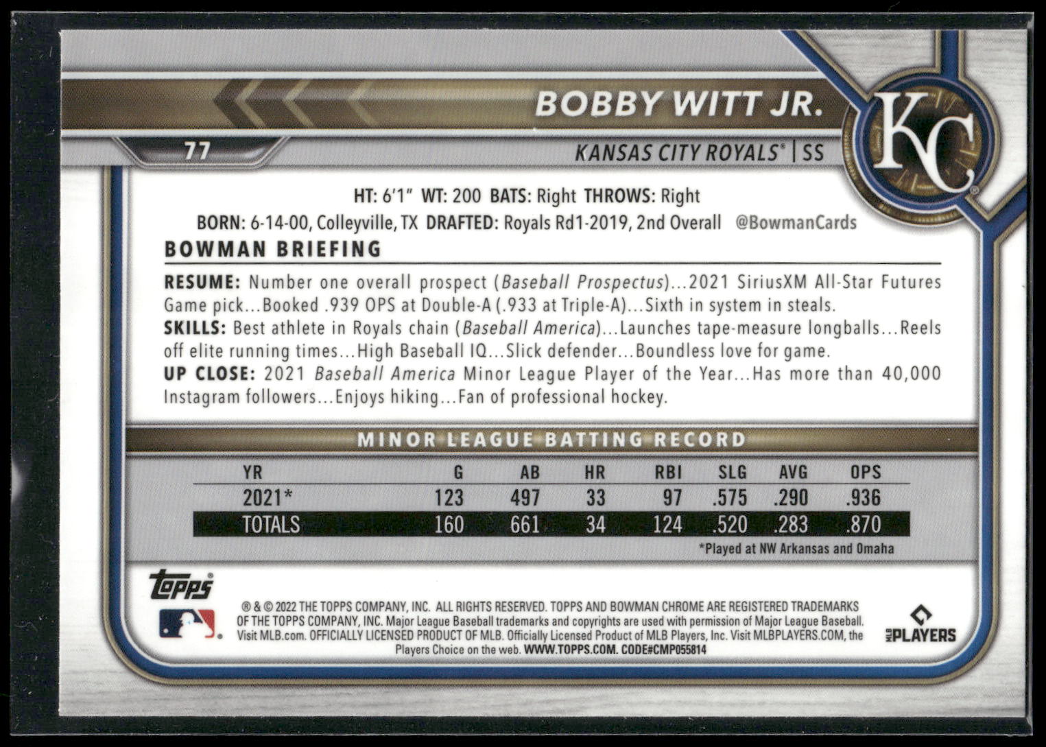 2022 Bowman Chrome #77 Bobby Witt Jr.