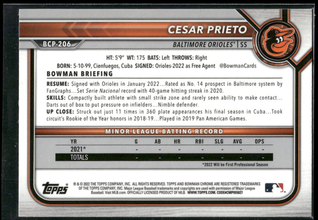 2022 Bowman Chrome Sapphire Edition #BCP-206 Cesar Prieto Prospects