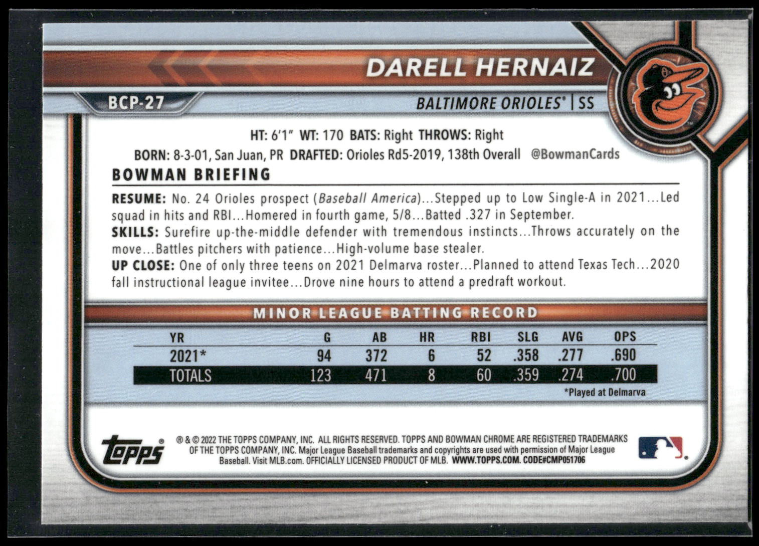 2022 Bowman #BCP-27 Darell Hernaiz Chrome Prospects