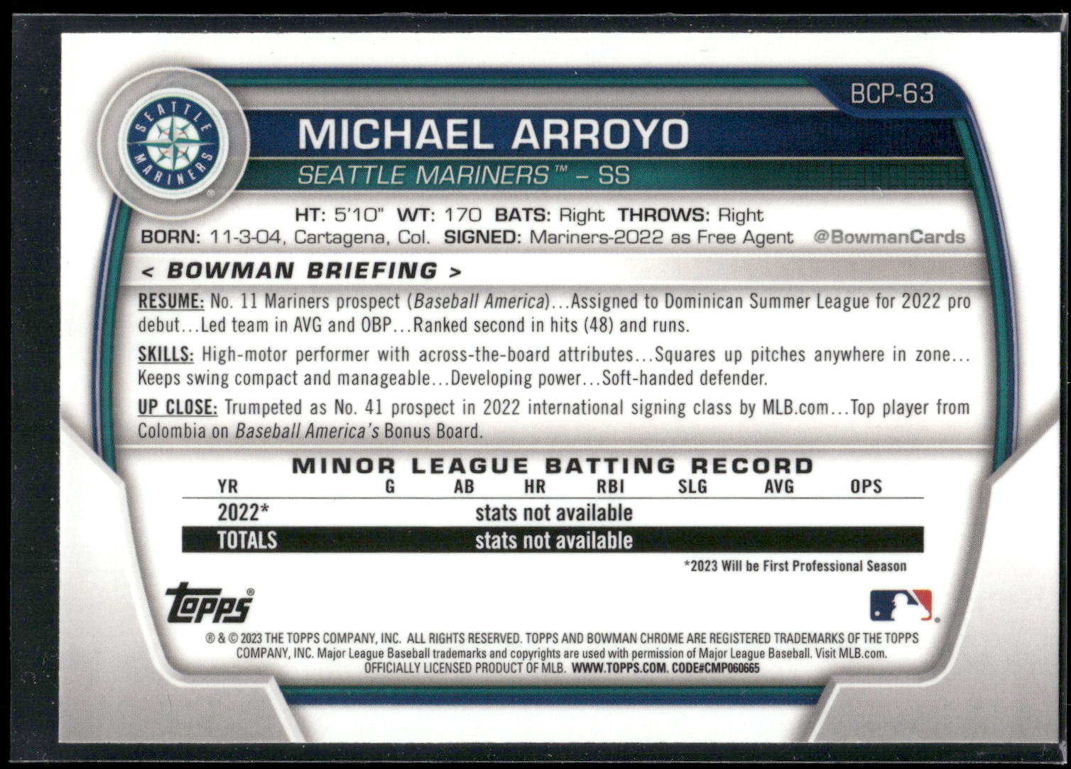 2023 Bowman #BCP-63 Michael Arroyo Chrome Prospects