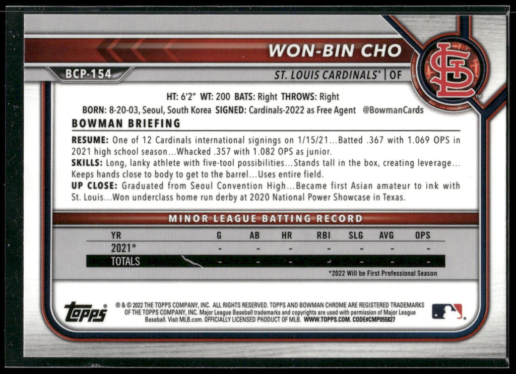 2022 Bowman Chrome #BCP-154 Won-Bin Cho Prospects