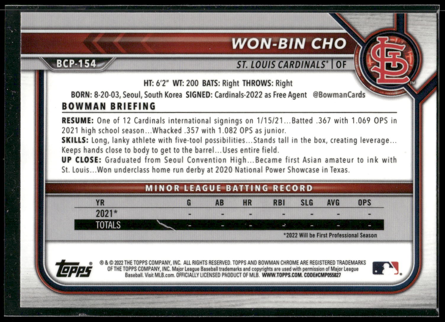 2022 Bowman Chrome #BCP-154 Won-Bin Cho Prospects