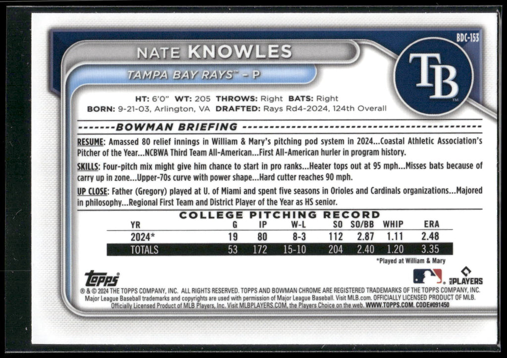 2024 Bowman Draft #BDC-153 Nate Knowles Chrome