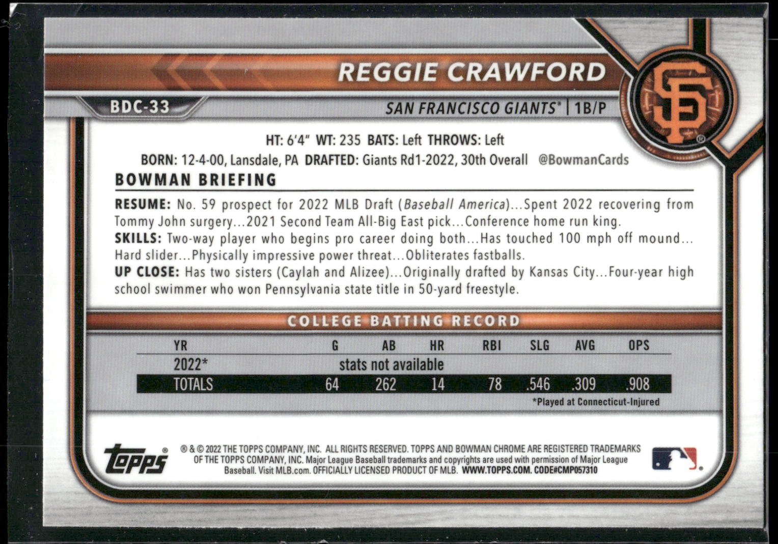 2022 Bowman Draft #BDC-33 Reggie Crawford Chrome