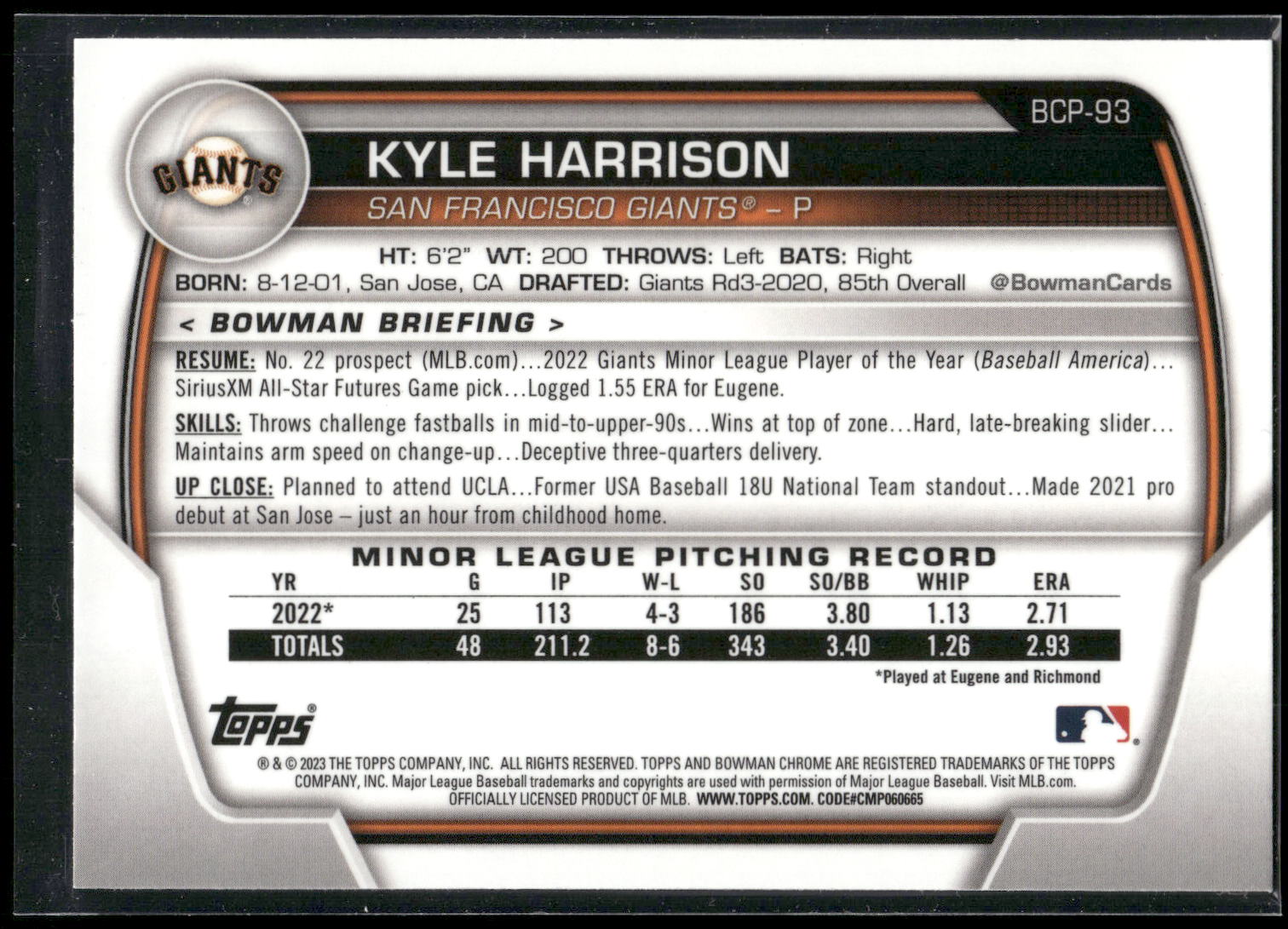 2023 Bowman #BCP-93 Kyle Harrison Chrome Prospects