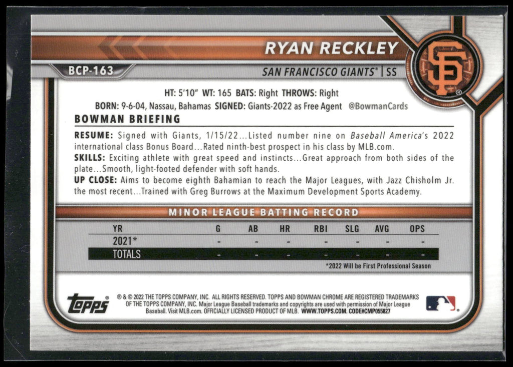 2022 Bowman Chrome #BCP-163 Ryan Reckley Prospects